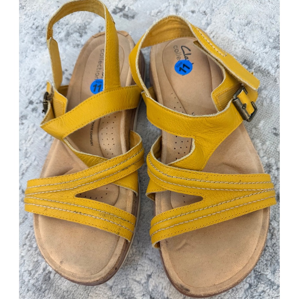 Clarks Collection Yellow Leather Strappy Ultimate Comfort Sandals Womens 11